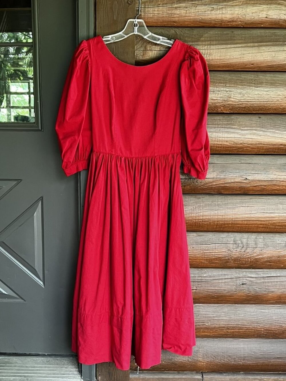 Vtg Laura Ashley Red Puff Sleeve Midi Dress Sash/Pockets/Criss-cross Back, S/M